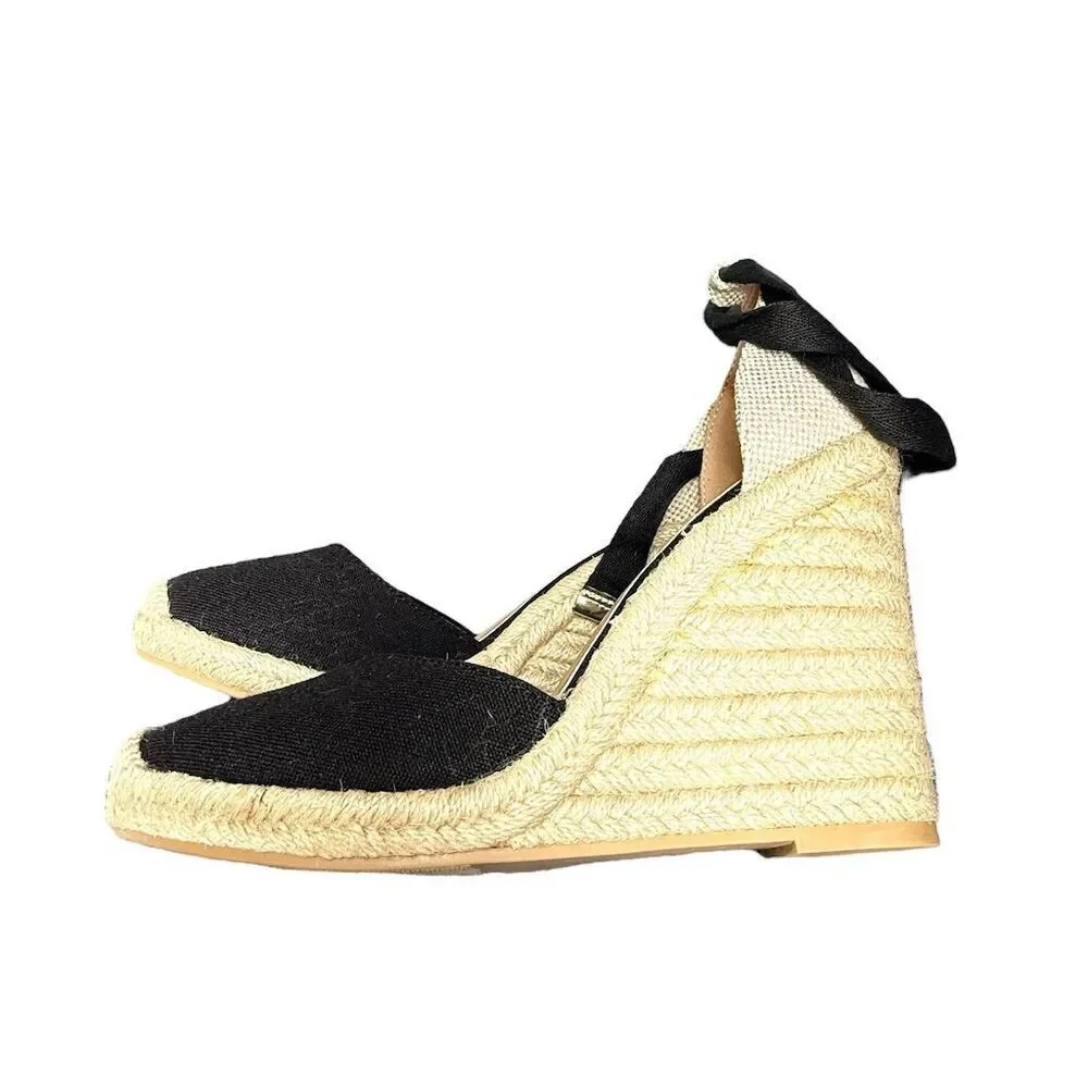 JustFab Women's Black Espadrille Wedge Sandals Size 9.5 Ankle Tie
